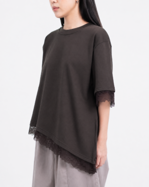 Alternative view of Lace Asymmetrical Oversized Top Brown - Marie - Atasan Oversize Asymetris variasi Lace Coklat - Elated by Her